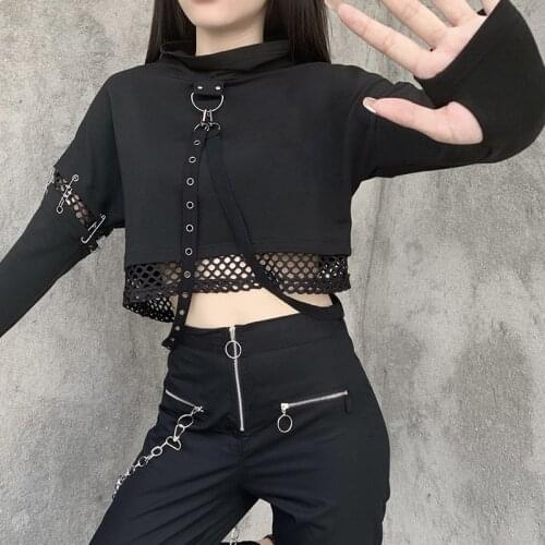Ruibbit Punk Style With Belt Gothic Hoodies Grunge Mesh Patchwork Black Autumn Hoody Hollow Out Streetwear Pullovers Women