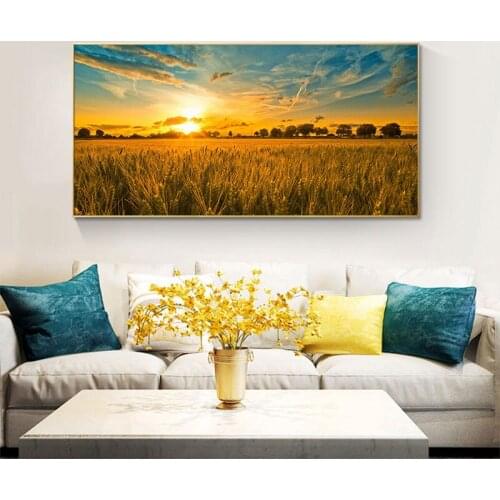 Wheat field in sunset Landscape Canvas Painting Scandinavia Posters and Prints Cuadros Wall Art Pictures For Living Room
