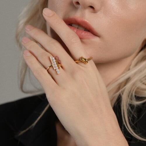Brass With 18 K Gold Faux Pearl Zircon Rings Punk Party Designer T show Club Cocktail Party Ins Rare Elegance Japan Korean