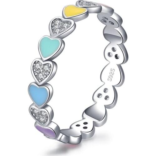 Genuine 925 Sterling Silver Rainbow Heart Rings Dainty Zircon Stackable Ring Fine Jewelry for Women Birthday Gifts