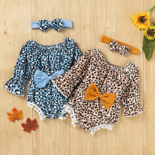 Autumn Winter New Infant Long Sleeve Romper+Headband Clothes Set Cute Leopard Print Ruffle Decoration Little Baby Girls Jumpsuit