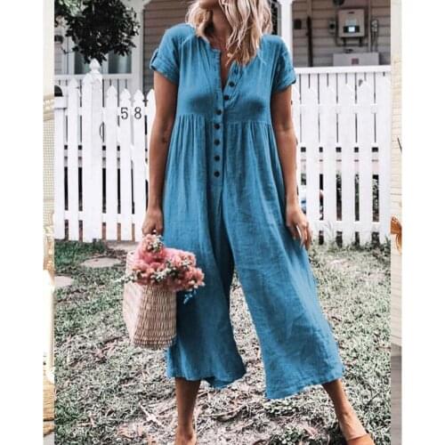 Summer Jumpsuit Casual Women\s Short Sleeve Loose Jumpsuits Solid Color Linen Cotton Trousers Overalls