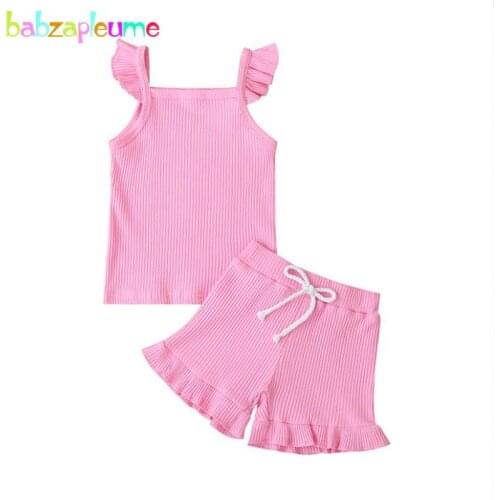 Summer Outfits Toddler Girls Clothes Cute Pink Solid Sleeveless Cotton Vest Kids T-shirt+Shorts Wholesale Baby Clothing Set 1932