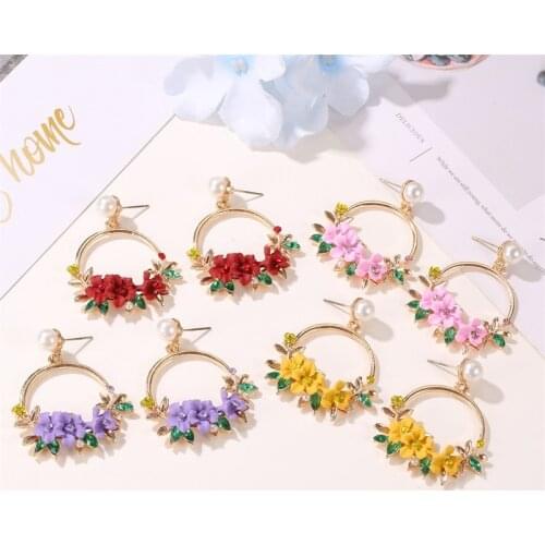 Trendy Pink Flowers Drop Earrings For Women Girls Sweety Colourful Big Circle Earrings Jewelry Gifts Bijoux Brincos