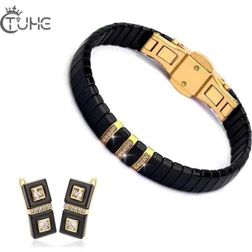 Fashion Women Ceramic Jewelry Set White Black Ceramic Earrings And Classic Bracelet Gold Color Stainless Steel Wedding Jewllery