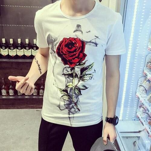 2021 New Short-sleeved Mens Trend Korean Style Of The All Matching Slim Couple Dress T-shirt Printing Roses Half-sleeve