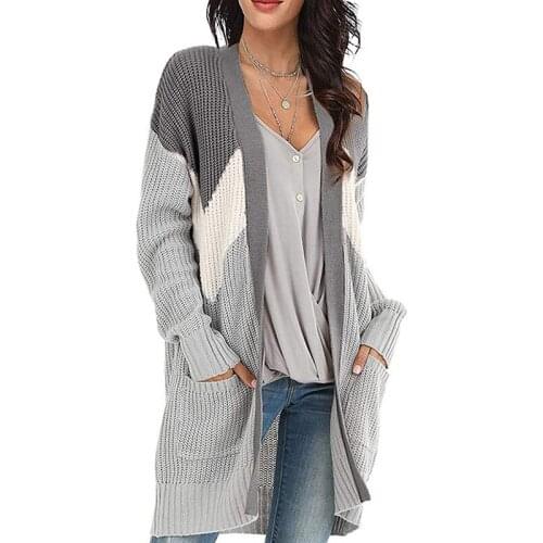New Product Womens Long Knitted Cardigan for Fall/winter 2021 New V-neck Geometric Color-blocking Sweater Coat