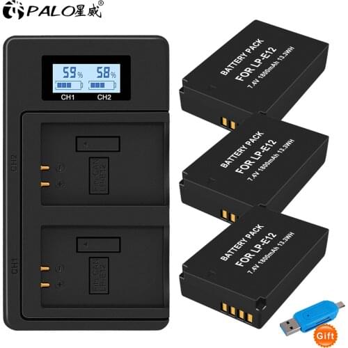 PALO 3Pcs 7.4V 1800mAh LP-E12 LP E12 LPE12 Camera Battery+LCD USB Dual Charger for Canon EOS M50 M10 M100 100D Kiss X7 Rebel SL1