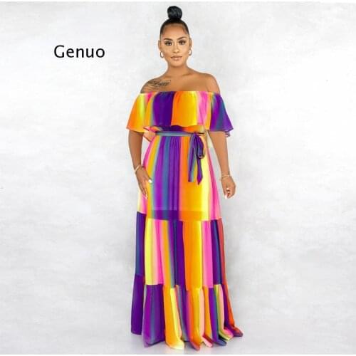 Hot Design Short Sleeve Women Dress Colorful Striped Print Sexy Summer Long Maxi Dress Beach Cute Vestidos Longo