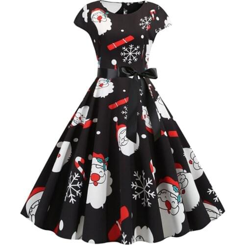 Women Christmas Party Dress Elegant Vintage Short Sleeve Xmas Summer Dress Black Casual Midi Jurken Vestido