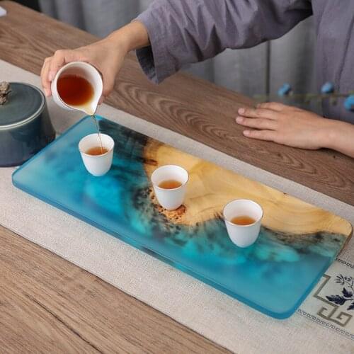 Epoxy Resin Tea Cup Tray Japanese Style Wooden Wet Dry Bubble Table Tray Household Office Decoration Table KungFu Tea Set Holder