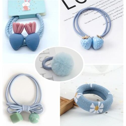 Fashion Blue Hair Bands Furry Ball Fruits Flower Hair Ties For Girls Children Pendant Scrunchies Elastic Holder Hair Accessories