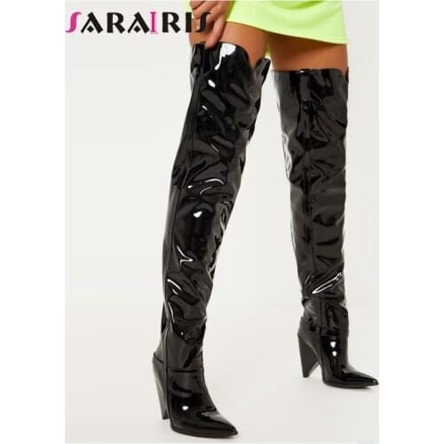 SARAIRIS 35-43 High Heels Thigh High Boots Women Patent Pu Leather Shoes Woman Party Sexy Pointed Toe Over The Knee Boots Lady