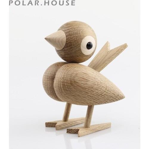 Modern Nordic Wooden Sparrow Bird Dolls Oak Wood Figurines Nature Animal Puppet Home Decoration Accessories Fashion Bird Figures