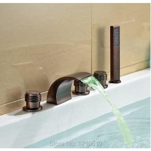 Newly US Free Shipping Deck Mount LED Light Waterfall Widespread Bathtub Faucet Arc Spout W/ Hand Shower Oil-rubbed Bronze Red
