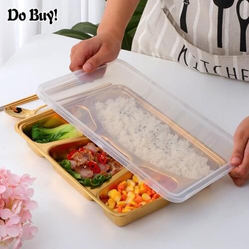 3/4 Grids Dinner Plate Food Plate Stainless Steel Divided Lunch Container Fast Food Plate With Lid School Home Canteen Supplies
