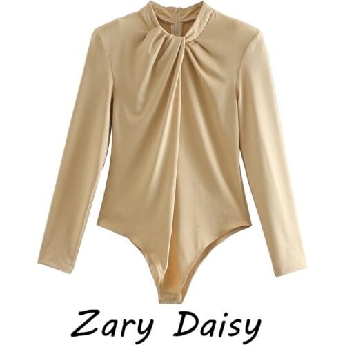 Zary Daisy European and American fashion new wrinkled, round neck, long sleeve, one-piece T-shirt with irregular high waist, ela