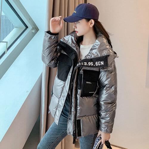 Thick Winter 2020 Pactwrok Down Padded Jacket Women Short Hooded Letters Loose Outerwear Warm Trend Coat Female Fashion Glossy