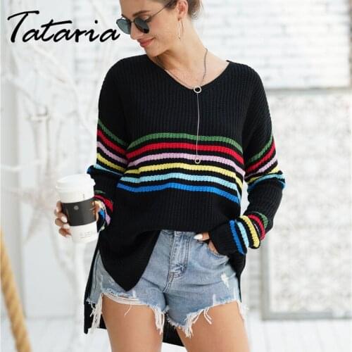 Women Rainbow Stripe Sweater Autumn Winter Loose V Neck Long Sleeve Pullover Tops Ladies Knitted Patchwork Pullover Female 2021