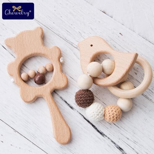 1Set Baby Toys Wooden Teether Rattle Wooden Bracelet Hand Teething Rattles Musical Chew Play Gym Stroller Toys Children Products
