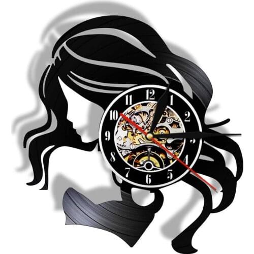 Beauty Lady Hair Salon Business Sign Retro Silent Quartz Wall Clock Vinyl Record LP Hair Care Beautiful Woman Barber Watch Logo