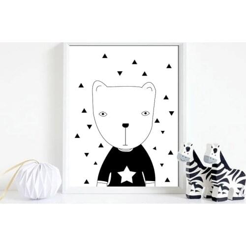 Black White Cartoon Bear Nordic Poster Nursery Canvas Wall Art Print Modern Painting Decorative Picture Boys Bedroom Decoration