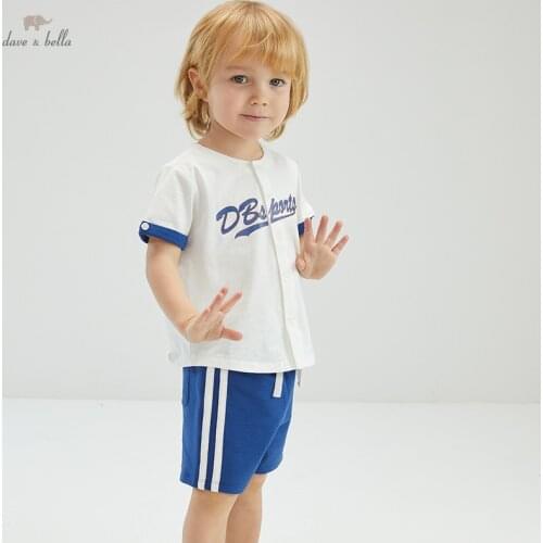 DBW17193 dave bella baby boys summer casual letter striped clothing sets kids boy fashion short sleeve sets children 2 pcs suit