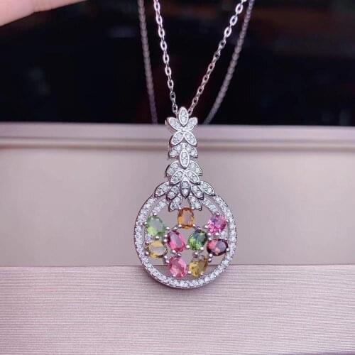 Elegant Wheat spike Natural Multicolor tourmaline necklace pendant S925 silver natural gemstone pendant girl party gift jewelry