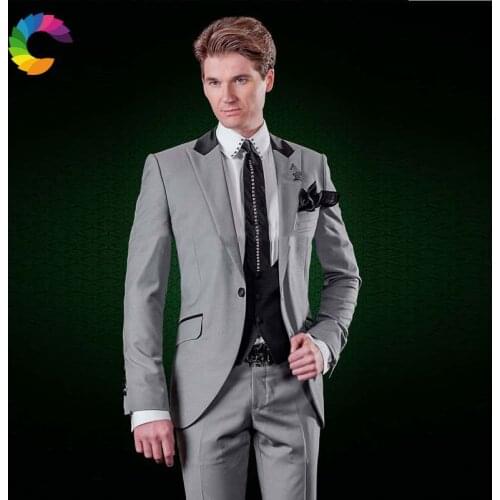 Italian Man Blazer Grey Male Masculino Slim Fit Men Suits Wedding Suits for Men Peaked Lapel 3Piece Jacket Pants Vest Ternos