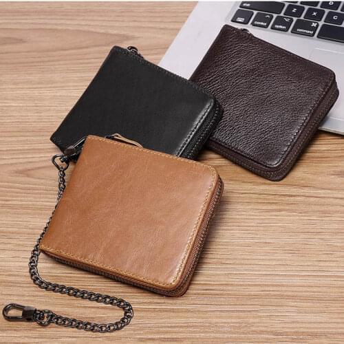 Mens Wallet Zipper Short Business Card Holder Genuine Leather Wallet Male RFID Anti Theft Coin Purse Wallet