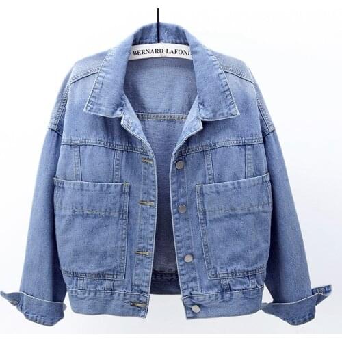 2021 Spring Autumn Korean Loose Denim Jacket Female Short Basic Coat Big Pocket Long-Sleeve Solid Jeans Outerwear Female Clothes