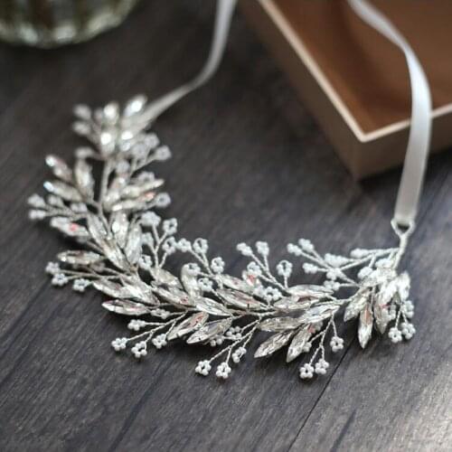 SLBRIDAL Ribbon Wired Rhinestones Crystal Pearls Flower Wedding Tiara Headband Bridal Hair Vine Hair Accessories Bridesmaids