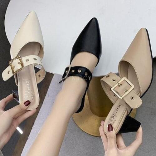 Mules For Women Pu Leather Pointed Toe Slip On Flip Flops Slipper Summer Sandals Square Heel Zapatillas Mujer Casa