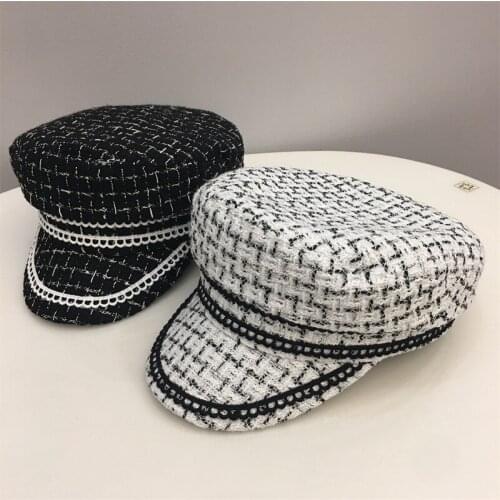 New Fashion Winter Women Hats Lace Trimmed Tweed plaid Flat Top Hat Adult Newsboy Hat Baker boy military cap female visor cap