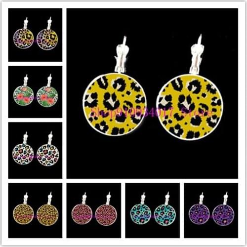 New fashion geometric leopard round glass earrings bohemian art pattern glass cabochon small earrings for ladies party gift