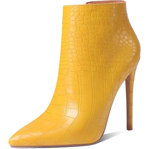 Super High Stiletto Pointed Simple Red Chelsea Boots Yellow Stone Texture Metal Zipper Short Plush Ankle Boots