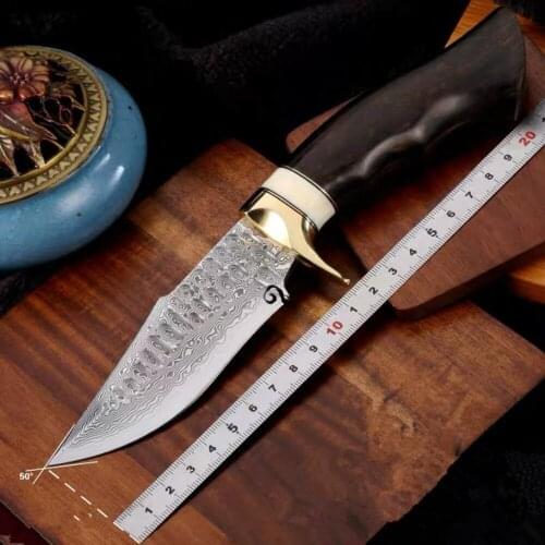 VG10 61 HRC Handmade Damascus hunting straight knife wild cow bone handle with vegetable tanned leather sheath EDC tool