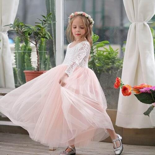 Girl Princess Dress Ankle Length Wedding Party Dress Eyelash Back White Lace Beach Dress Children Clothing E15177