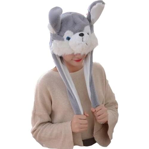Husky hooded hat with ears moving plush toy hat stuffed toy cap