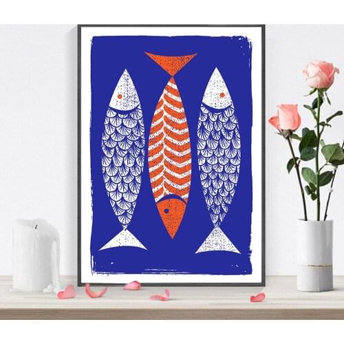 Scandinavian Style Posters and Prints 3 Fish Canvas Painting Indigo Wall Pictures for Living Kitchen Room Home Decor No Frame