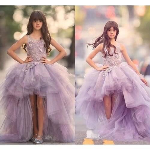 High-Low Lavender Flower Girls Dresses Scoop Appliques Beads Puffy Tulle Wedding Dress for Children Lovely Girls Pageant Skirt