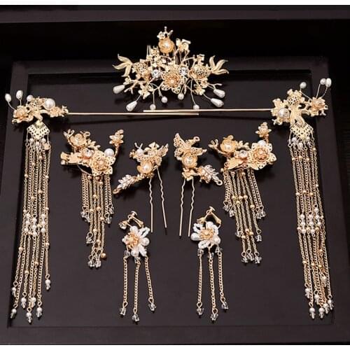 Flower Pearls Hairpins Sticks Sets Vintage Gold Color Hair Combs Earrings Jewelry Classical Style Hair Accessories LL@17
