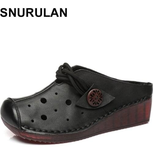 SNURULAN Retro Ethnic Style Genuine Leather Women Shoes Wedge Sandals Handmade Slides Hollow Women Summer Slipper