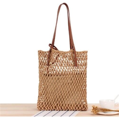 INS New Solid Vacation Travel Tote Bag Beach Bag for Women Synthesis Leather Handmade Woven Cotton Rope One-shoulder Bag IL00599