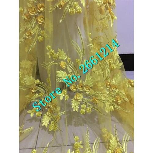Top selling 3d flower african french net lace fabric embroidered tulle mesh lace fabric BZL-2917 with beads in yellow color