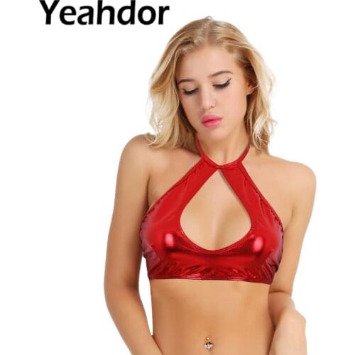 Women Fashion Shiny Metallic Bra Tops Faux Leather Sleeveless Halter Neck Strappy Crop Tops Vest Female Sexy Streetwear Clubwear