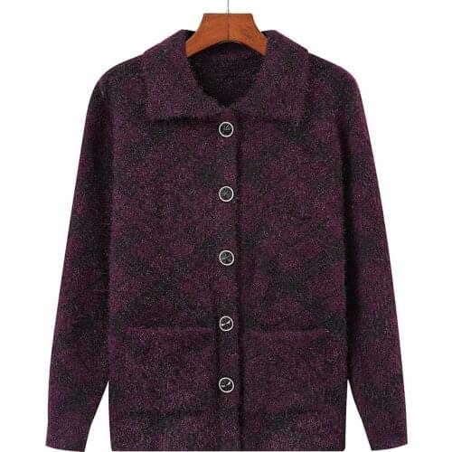 Spring Autumn 2021 Knitwear Design Pocket Long-sleeved Turn Down Collar Purple Plaid Sweater Cardigan Comfortable Soft Clothing