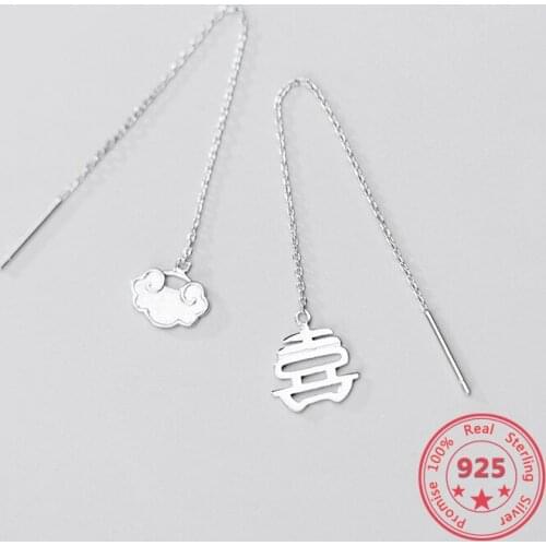 S925 Sterling White Fungus Line Female Ethnic Style Retro Long Life Lock Ear Chain Asymmetric Happy Word Ear Fine Jewelry Gifts