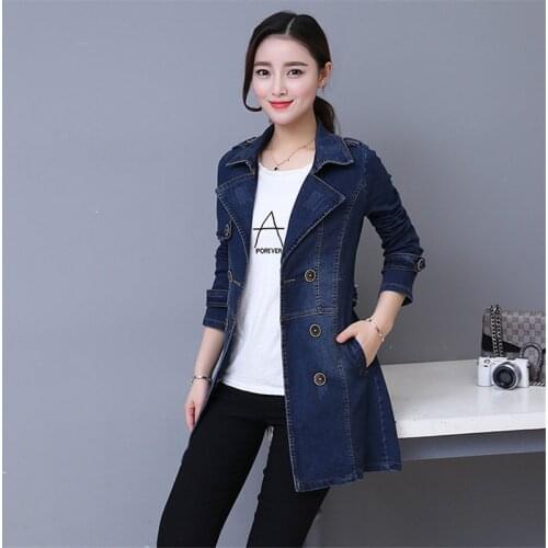 2021 Autumn Denim Jacket Coat Women Double-breasted Full Sleeves Vintage Windbreaker Female Long Jean Jacket Outerwear Tops
