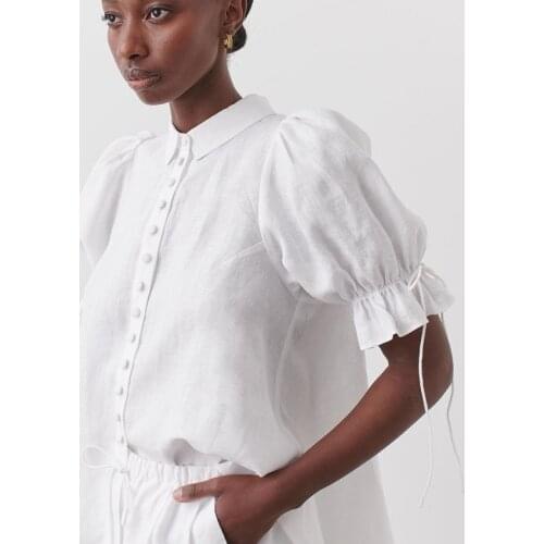 Women Button Shirts Khaki White 100Cotton Linen 2021 Women Loose Puff Sleeve TShirts Causal Wide Leg Pants Comfort Matching Sets